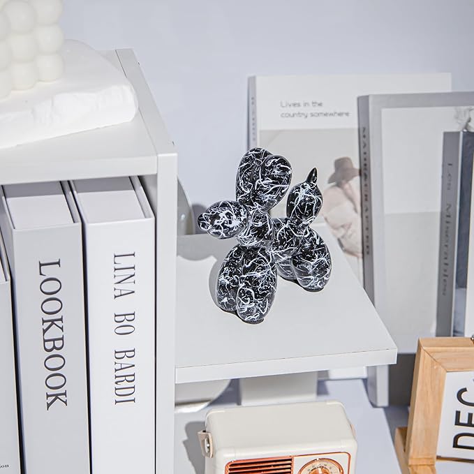 Creative Balloon Dog Statues Small Ceramic Animal Sculpture Modern Home Decor Living Room Desktop Decorations Bedroom Office Cabinet Ornament (Black-B)