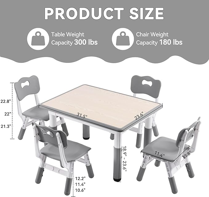 Kids Study Table and Chairs Set, Height Adjustable Toddler Table and Chair Set for Kids Ages 3-8, 31.5" L x 23.6" W Graffiti Desktop Plastic Children Art Table with 4 Seats, Grey