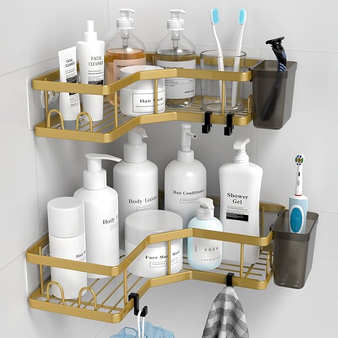 Corner Shower Caddy Organizer Shelf 2Pack Adhesive Shower Corner Organizer Shelves, No Drilling Stainless Steel Shower Storage Rack with Hooks&Toothpaste Holder for Bathroom Kitchen