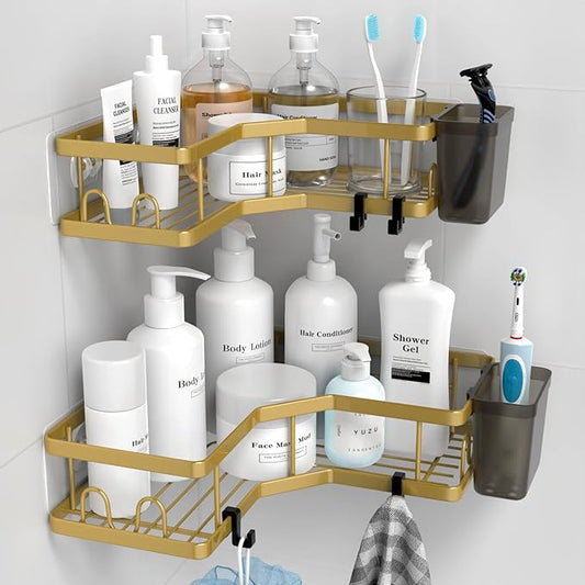 Corner Shower Caddy Organizer Shelf 2Pack Adhesive Shower Corner Organizer Shelves, No Drilling Stainless Steel Shower Storage Rack with Hooks&Toothpaste Holder for Bathroom Kitchen