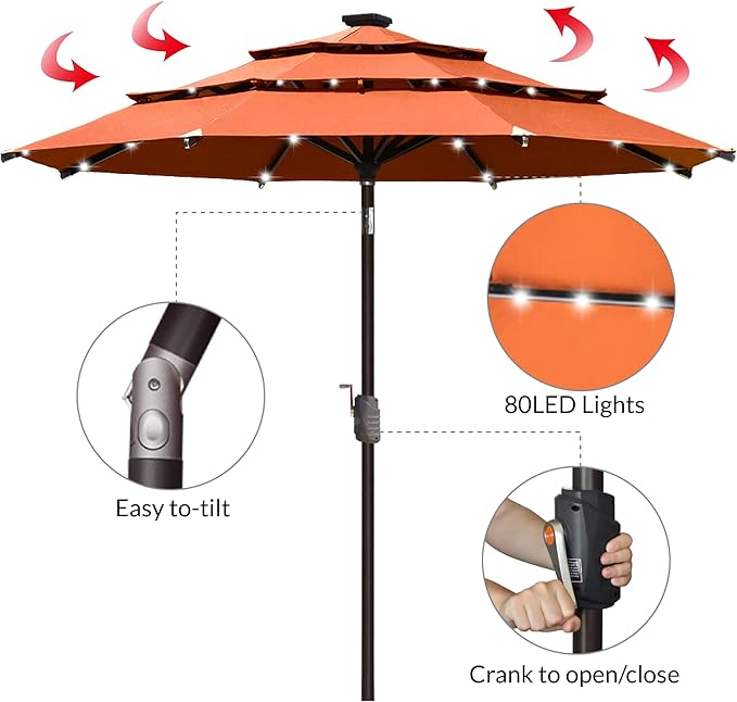 EliteShade USA 10-Year-Non-Fading Solar 9ft 3 Tiers Market Umbrella with 80 LED Lights Patio Umbrellas Outdoor Table with Ventilation,Rust