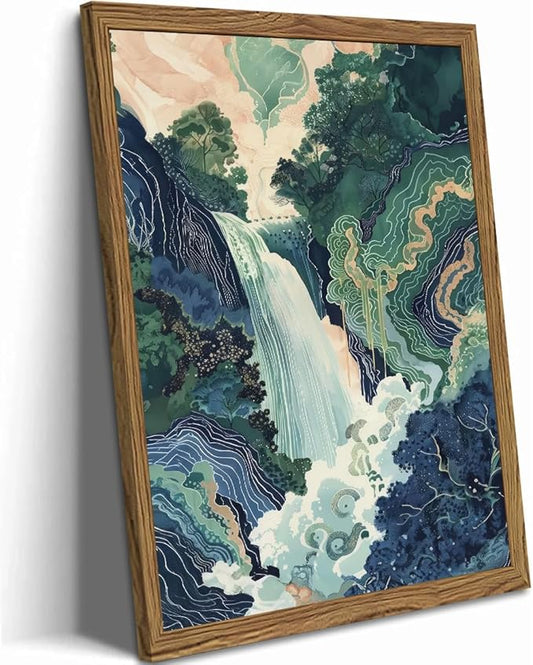 Framed Japanese Waterfall Canvas Wall Art, Abstract Landscape Wall Decor Paintings, Blue Green Nature Mountain Pictures Prints Zen Aesthetics Home Decor for Living Room Bedroom Bathroom 16x24 inch