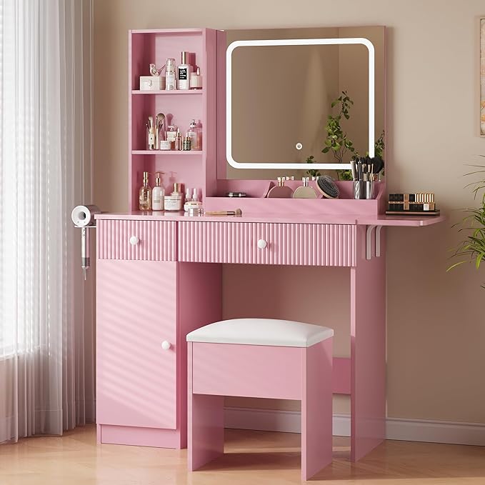 Vanity Desk with Mirror and Lights, Pink Makeup Vanity with Charging Station, Dressing Table Set with Storage Chair, Drawer Shelves, and Foldable Panel for Compact Space Bedroom, Pink