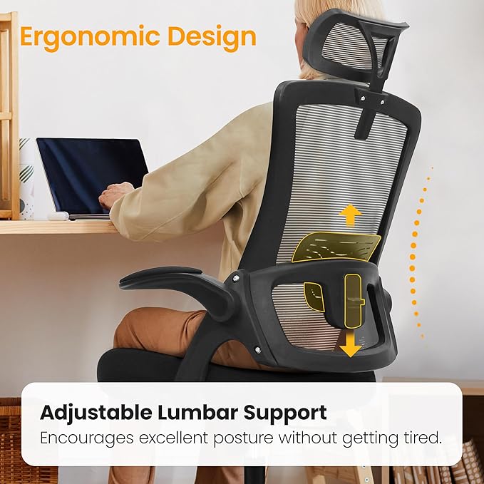 NEO CHAIR Ergonomic Office Desk Chair High Back Computer Gaming Mesh Chair with Comfy Task Adjustable Arms Lumbar Support Headrest Swivel for Home Office (Black)