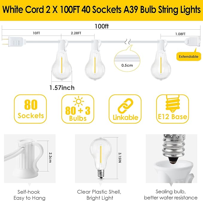 200FT(2x100FT) Outdoor String Lights, LED Patio Lights with 83 Waterproof Shatterproof A39 Dimmable Bulbs(3 Spare) for Deck Yard-2 Pack White