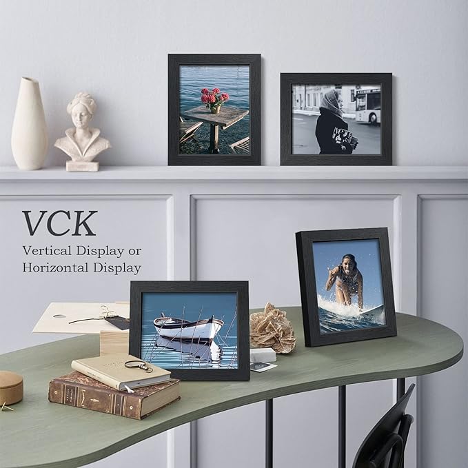 VCK 8x10 Picture Frame Set of 4 - Black, Gallery-Quality Wood Poster Frames, 1.1-Inch Wide Border, Polished Plexiglass, Vertical or Horizontal Wall & Tabletop Display for Photo/Art/Prints, Black
