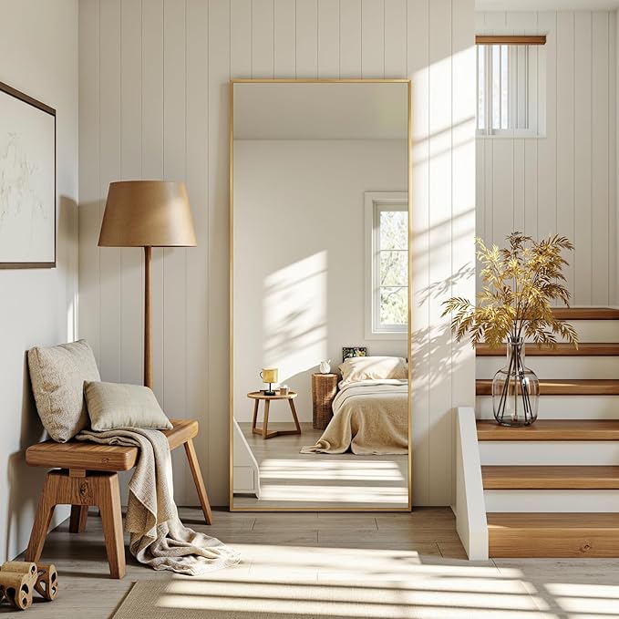 Full Length Mirror, 58"x21" Oversized Floor Mirror Freestanding, Full Body Mirror Floor Standing Mirrors with Stand, Hanging Mounted Mirrors for Bedroom Living Room, Gold, Rect Style