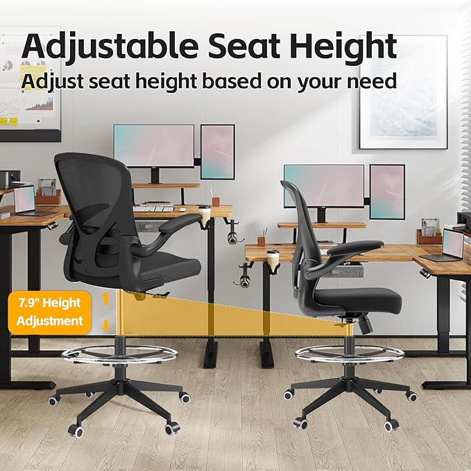 Drafting Chair, Ergonomic Tall Office Chairs for Standing Desk, Home Office Desk Chair with Lumbar Support and Adjustable Flip-up Armrests & footrest