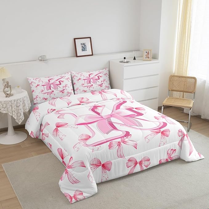 jejeloiu Kids Girls Cute Pink Bow Comforter Set Full Size Monogrammed Bedding Set Ultra Soft Personalized Initial K Duvet Quilt Coquette Bow Knot Quilt Set Room Decor Modern Fashion Comforter
