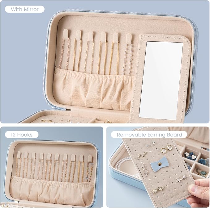 Lolalet Travel Jewelry Case for Women, Travel Jewelry Organizer Box with Mirror & Clear Storage Bag, Small Portable Traveling Earring Necklace Bracelet Ring Case, Bridesmaid Gifts -Medium, Blue