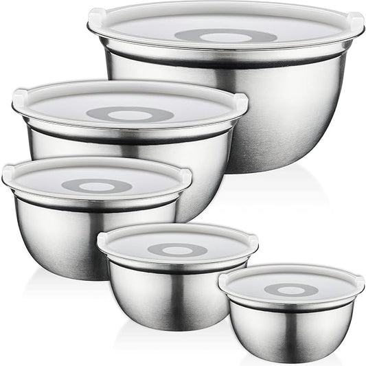 Mixing Bowls Set of 5, Stainless Steel Salad Bowls with Lids, Nesting Metal Mixing Bowls for Baking, Cooking, Prepping & Food Storage