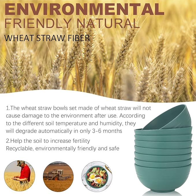 Homienly Wheat Straw Cereal Bowls 26 OZ, Microwave and Dishwasher Safe Wheat Straw Bowls, Alternative to Plastic Bowls Reusable, Unbreakable Bowl for Serving, Snack, Dinner, Soup(Green, 26 OZ)