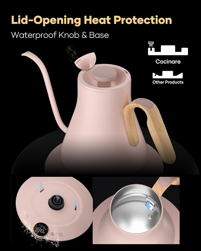 Cocinare FLOW B9 Gooseneck Electric Kettle, Precise Temperature Control for Pour-Over Coffee & Tea Brewing, Stainless Steel Interior, Rapid Heating for Boiling Water 0.9L (Munch Pink)