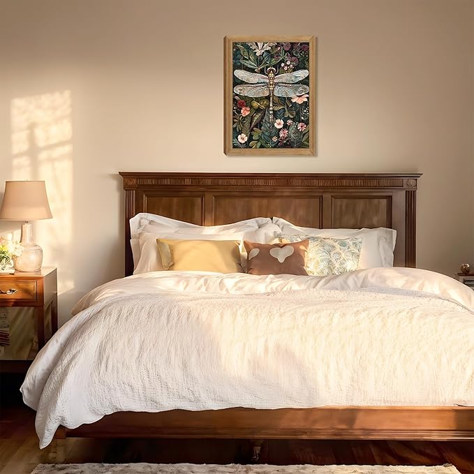 Framed Vintage 3D Textured Wall Art - Dark Green Dragonfly Flowers Wall Decor - Hand Drawn Sandstone Nature Botanical Pictures for Living Room Bedroom Home Decor 16x24in