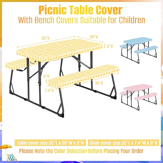 33" L x 20" W x 3" H Yellow Grid Picnic Table Cover for Kids, Fitted Tablecloth for Outdoors Oxford Cloth Waterproof Cloth for Camping Home Goods Indoor Outdoor Patio BBQ