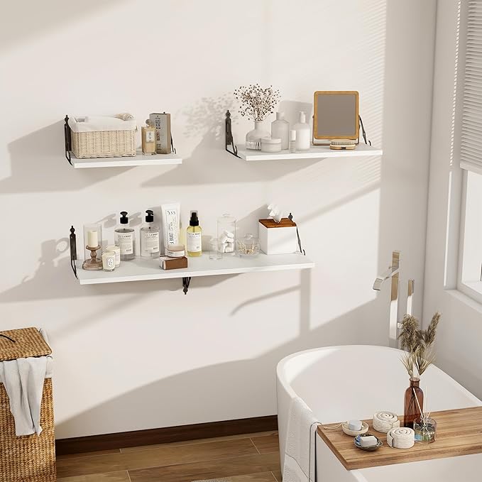 Deep Floating Shelves, 48" W x 12" D Wall Shelves Set of 2, Wide Display Shelf Wall Mounted with Brackets, Bookshelf for Living Room, Bathroom, Bedroom, White