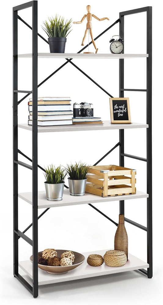 CAPHAUS 4 Tier Bookshelf, 24 Inch Width Free Standing Shelf, Bookcase Shelf Storage Organizer, Industrial Book Shelves for Home Office, Living Room, Kitchen, White Shelves & Metal Frame