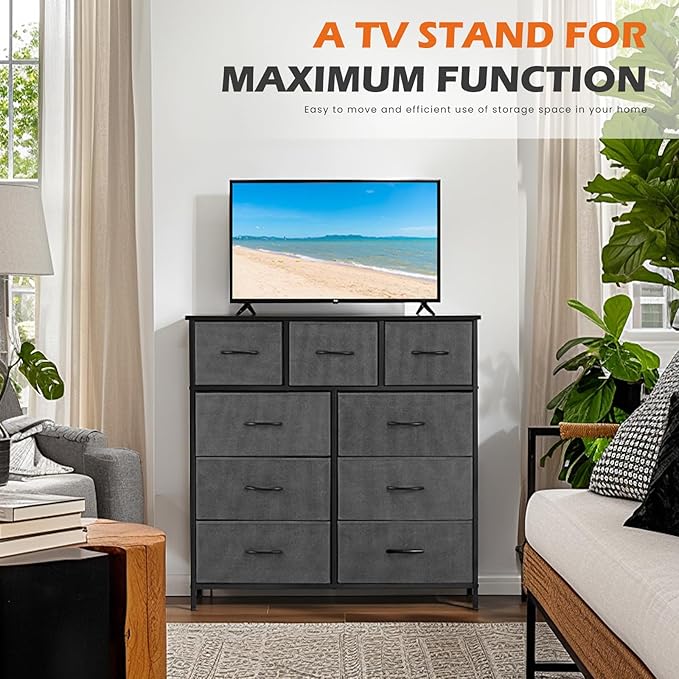 Sweetcrispy Dresser with 9 Drawers for Bedroom, Fabric Dresser Storage Tower, Chest of Drawers Organizer Unit, Storage Cabinet for Hallway, Closets, Steel Frame, Wood Top, Modern Grey