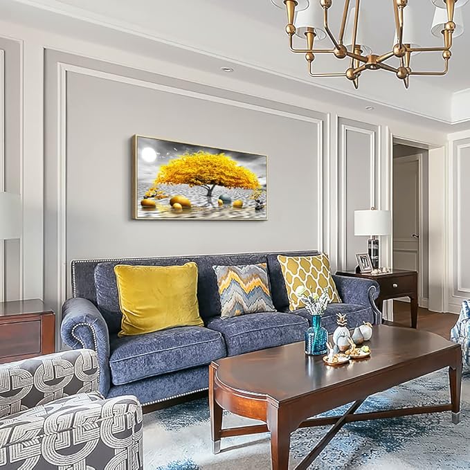 Framed Canvas Wall Art For Living Room Large size Boho Wall Decor For Bedroom Black And White Wall Pictures Yellow Tree wall Painting Office Wall Decor Home Decoration Natural Wood Framed 20" X 40"