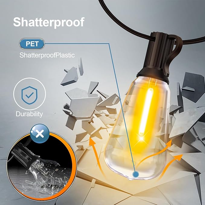 Outdoor String Led Patio Lights - 50Ft 15M Outside Waterproof Light ST38 Shatterproof Bulb Connectable Hanging Outdoor Electric Lighting for Backyard Yard Gazebo Porch Party
