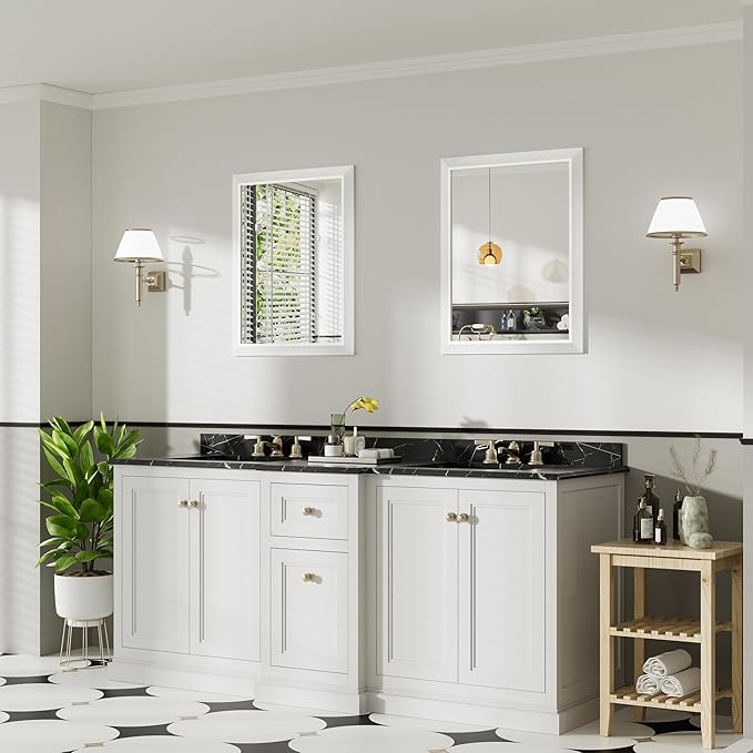 24x30 Inch White Bathroom Mirror for Wall, Thick Metal Framed Rectangle Mirrors for Over Sink, Bedroom, Living Room, Entryway, Anti-Rust, HD Tempered Glass