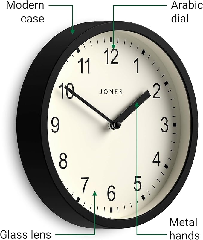 JONES CLOCKS® Spin Wall Clock | Small Modern Round Clock | 8 inch | Black | Easy to Read Numbers | Ideal for Kitchen, Office, Children’s Room or Any Small Space