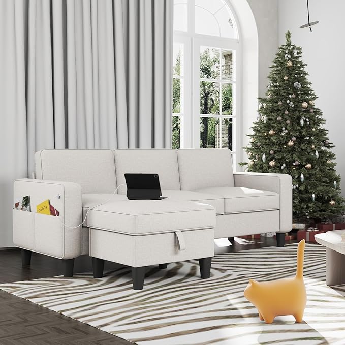 Sectional Sofa Couches for Living Room - Beige 3 Seat L-Shaped Couch with Type-C Charging Port & Storage Ottoman, Comfy Linen Convertible Sectionals Sofas with Chaise for Apartment