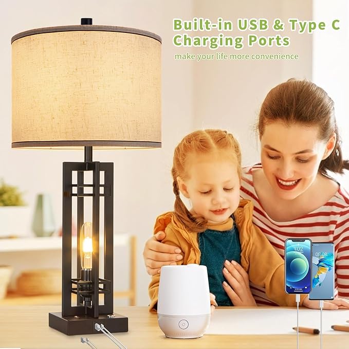 27" Touch Control Farmhouse Table Lamps, Set of 2 Tall Rustic Table Lamps 2-Light Design with USB A+C Ports, Bedside Lamps with Cream Shade for Living Room Home Office, 4 LED Bulbs Included