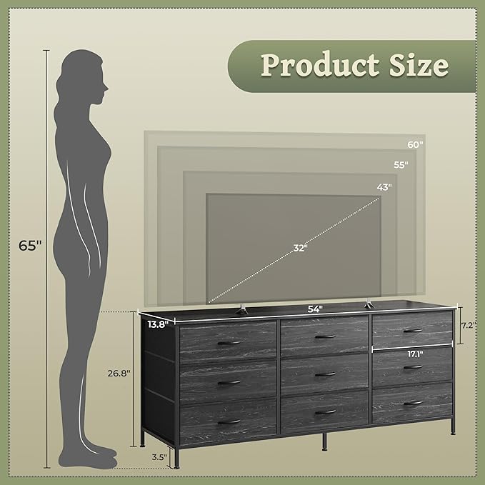 Huuger Long Dresser for Bedroom, 55 Inch TV Stand for 55, 60 Inch TV, Entertainment Center with Drawers, Large Storage, 9 Fabric Drawers Dresser for Closet, Charcoal Black Wood Grain Print