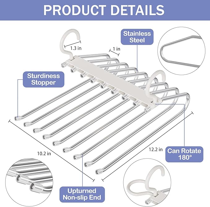 Upgrade 9 Layers Pants Hangers Space Saving, 2 Pack Pant Hangers Organizer Multifunctional Pants Rack Space Saver Closet Organizers and Storage Hangers for Pants Jeans Leggings Trousers Skirts, White