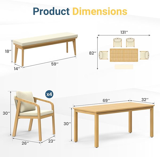Wisteria Lane 6 Pieces Acacia Patio Dining Set for 6, Patio Dining Table and Chairs Set with Cushion, Modern Outdoor Dining Furniture Set for Garden Lawn Deck Backyard, Beige