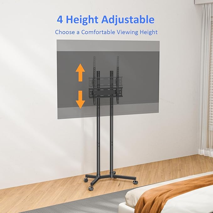 Rolling TV Stand for 32 to 65 inch TVs up to 88 lbs, Mobile TV Cart with Lockable Wheels, Height Adjustable, Max VESA 400x400mm, Portable Mobile TV Stand for Bedroom, Office, Outdoor, Black