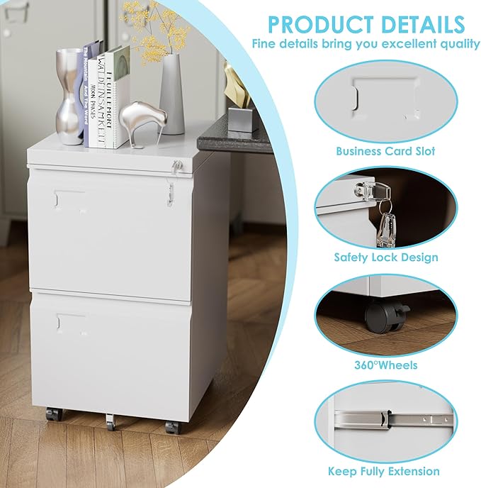 Aobabo 2 Drawer File Cabinet with Wheels, Lockable Metal Filing Cabinet with Business Card Slot for Legal/Letter Size for Home Office, Required Assembled,White