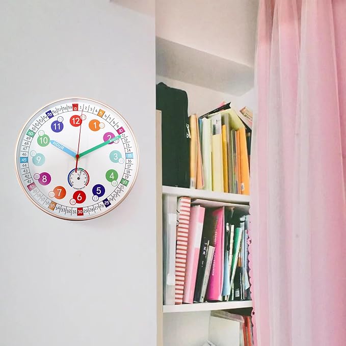 Wall Clocks,10Inch Learning Time Clock, Colorful Clock Face Silent Clocks with Simple Thermometer,Clear Digital Wall Clock (Rose Gold)