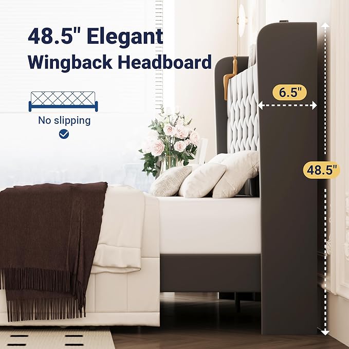 Allewie Queen Size Bed Frame, Storage Headboard with Charging Station, Wingback Velvet Upholstered, Diamond Stitched Button Tufted, Sturdy Wooden Slats, No Box Spring Needed, Easy Assembly, Grey
