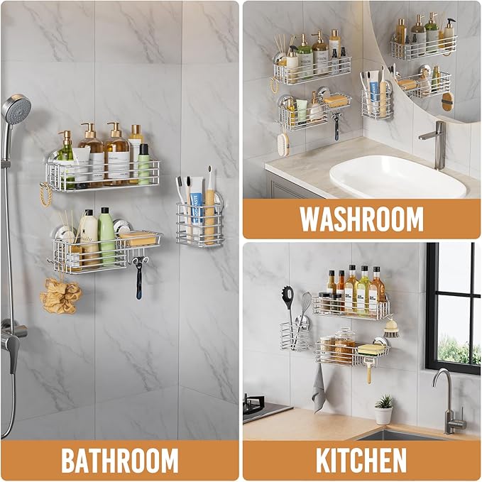 LEVERLOC Shower Caddy Suction Cup, 3 Pack Heavy Duty Bathroom Organizer For Inside Shower With Hooks & Soap Holder, Removable Bathroom Organizer, Rustproof Silver Holder Storage Storage,Silver