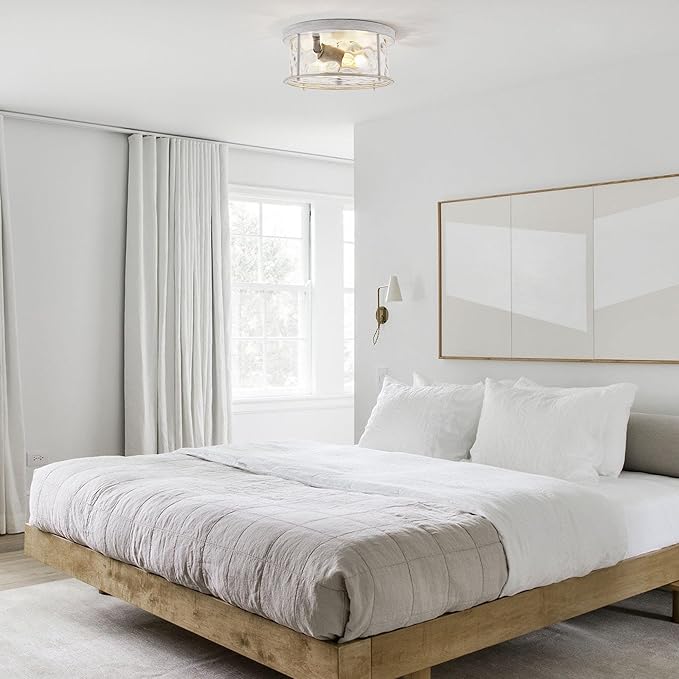 LamQee Flush Mount Ceiling Light with Clear Hammered Glass, Industrial 2-Lights Farmhouse Close to Ceiling Light Fixtures Round Low Profile for Kitchen Hallway Foyer Entrance Bedroom Rustic White