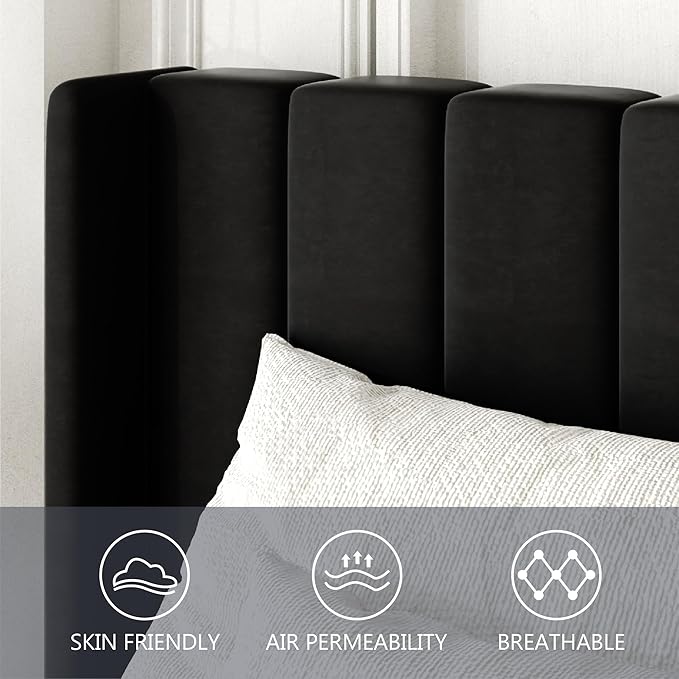 Queen Size Bed Frame with Upholstered Wingback Headboard, Easy Assemnly Platform Bed, Wooden Slat Support No Box Spring Needed, Black Velvet
