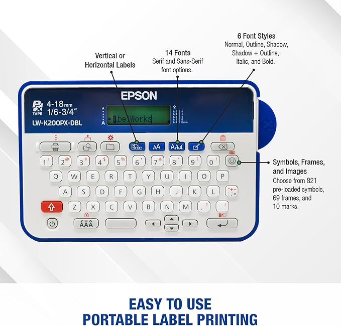 LABELWORKS Epson LW-K200PX-DBL Portable QWERTY Keyboard Label Maker for Home & Hobbies - Craft, Organize, and Personalize - Dark Blue Printer