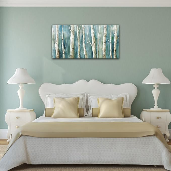 Birch Trees Canvas Wall Art - Abstract Birch Pictures for Wall Decor Modern Turquoise Canvas Painting Nature Printing Artwork for Living Room Bedroom Home Office Wall Decoration 24" x 48"