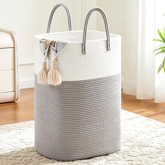 Laundry Basket,Woven Cotton Rope Laundry Hamper,Versatile Storage for Dirty Clothes,Baby Toys,and Blankets in Bathroom, Nursery,and Living Room (Grey, 40L)