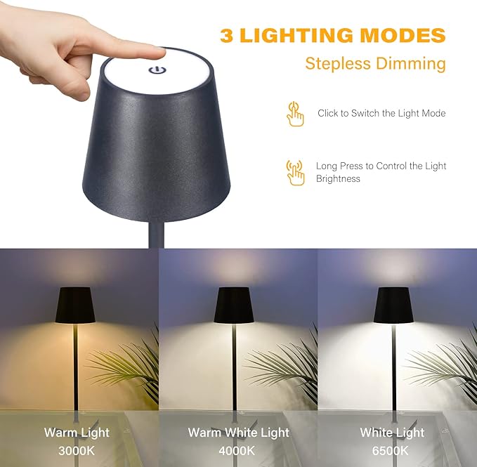 Cordless Table Lamps, 3 Colors Stepless Dimming, 5000mAh Rechargeable Battery LED Desk Lamp for Bedroom/Couple Dinner/Desk/Cafe/Dining Room/Terrace (Black 1 Pack)
