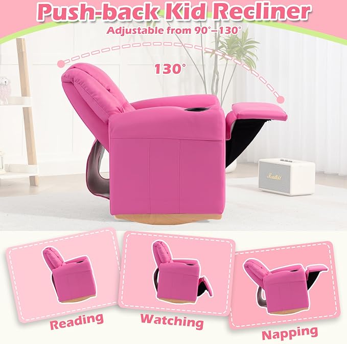 AVAWING Kids Recliner Chair with Cup Holder, Leather Toddler Recliner with Adjustable Backrest, Curved Rocking Legs and Comfy Armrests for Bedroom or Nursery, Pink