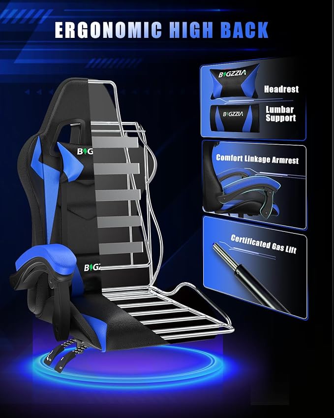 Bigzzia Gaming Chair with RGB LED Lights, High Back Ergonomic Computer Gamer Chair with Headrest and Lumbar Support, Racing Style Reclining Game Chair for Adults, Kids(Black/Blue)