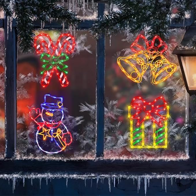 Christmas Decorations - 16" Christmas Window Silhouette Lights - 4 Pack Colour Lighted Gift Box ＆ Snowman ＆ Candy Cane ＆ Bell for Holiday Indoor and Outdoor Wall Door Window Decorate