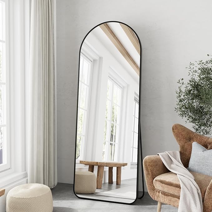 OGCAU Full Length Mirror, Arched Floor Mirror Full Length, 65"x22" Arch-Top Freestanding Body Mirror, Rounded Coner Large Wall Mirror with Aluminum Alloy Frame, Hanging or Leaning for Bedroom (Black)