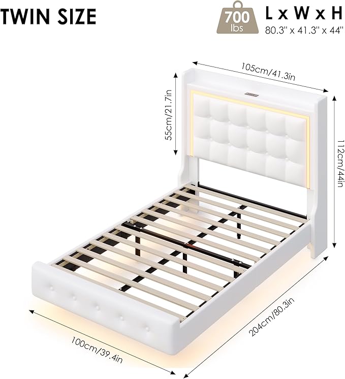 Keyluv Upholstered Twin Floating Bed Frame with LED Lights and Charging Station, Pu Leather Platform Bed with Button Tufted Storage Headboard, Type-C & USB Charging Ports, No Box Spring Needed, White