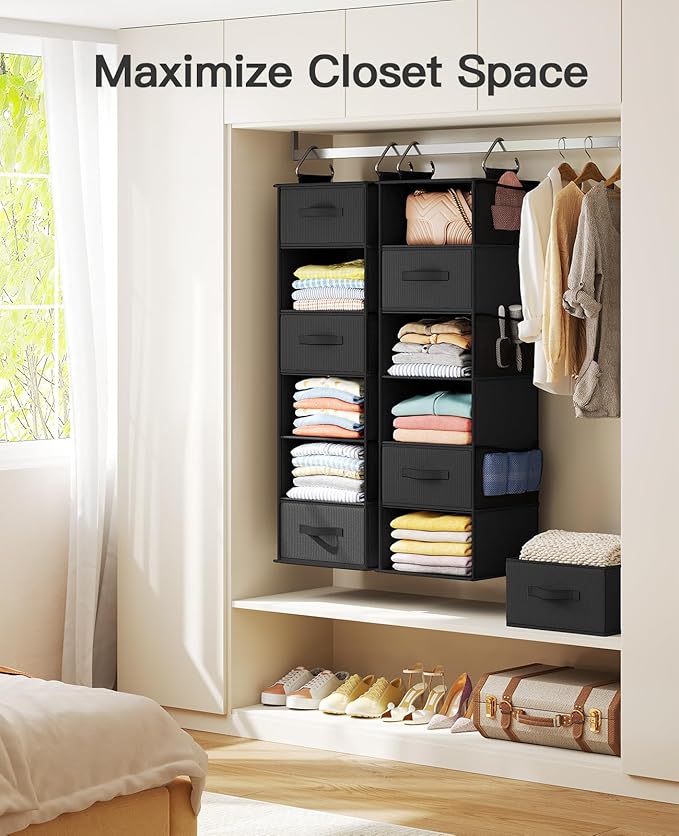 Pipishell Hanging Closet Organizer 6-Shelf, Hanging Shelves for Closet with 3 Removable Drawers & Side Pockets, Hanging Shelf Organizer for Bedroom or Garment Rack, 12'' x 12'' x 43.3'', Black