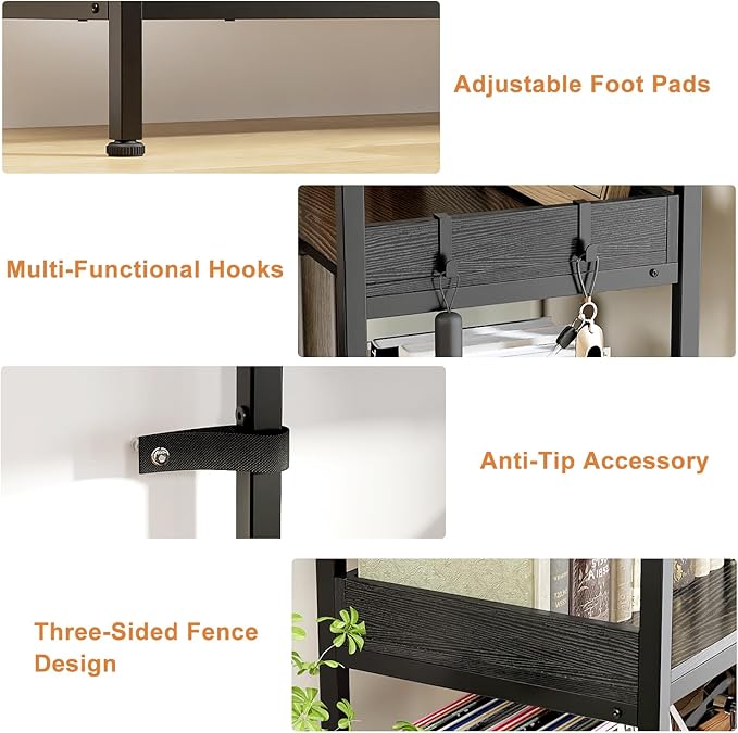 KOUSEI 5-Tier L-Shaped Reversible Corner Bookshelf, 65" Black Industrial Wood & Metal Bookcase, Wide Open Shelves + 4 Hooks for Living Room/Bedroom/Home Office