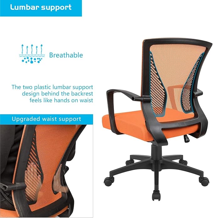 Furmax Office Chair Ergonomic Computer Desk Mesh Chair Mid Back Swivel Lumbar Support with Armrest (2, Orange)